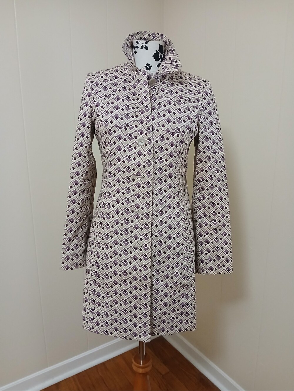 LOFT Patterned Purple & Cream Long Coat - Picture 3 of 9